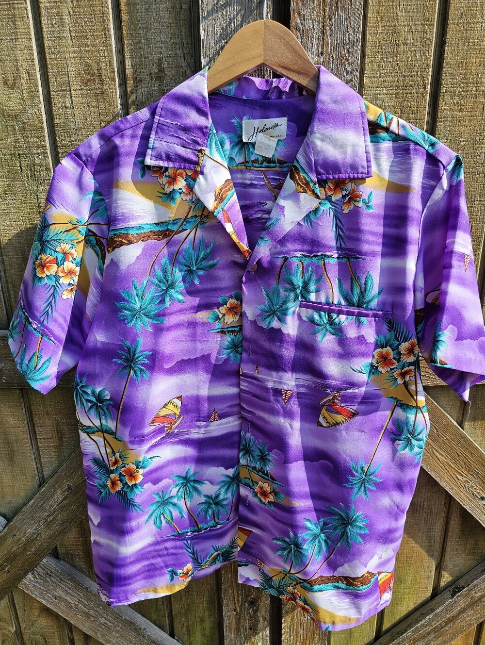 Vtg 80s Helena's Made in Hawaii Aloha Shirt Men Large Purple Surf Palm Tropical